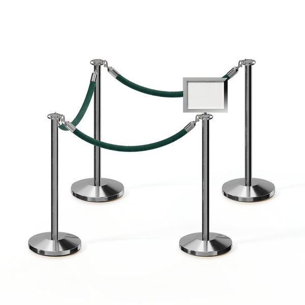 Montour Line Stanchion Post & Rope Kit Pol.Steel, 4FlatTop 3Green Rope 8.5x11H Sign C-Kit-3-PS-FL-1-Tapped-1-8511-H-3-PVR-GN-PS